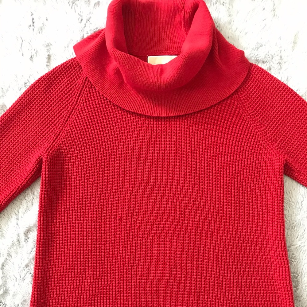 Michael Kors Cotton Blend Turtleneck Waffle Knit Sweater Bright Red